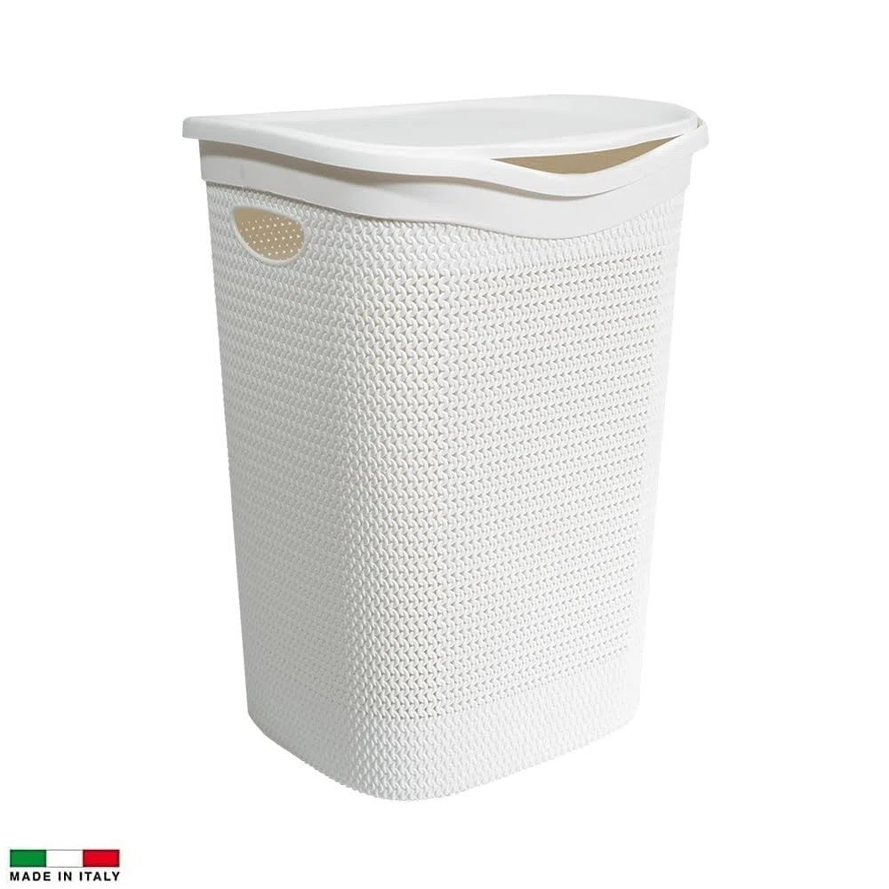 Virsus Cesto Portabiancheria in Plastica Effetto Rattan, 39,5x37x54 cm, cesta rettangolare con coperchio, struttura Intrecciata per biancheria sporca in bagno, lavanderia, Hotel -4037F-1,8 (Bianco)