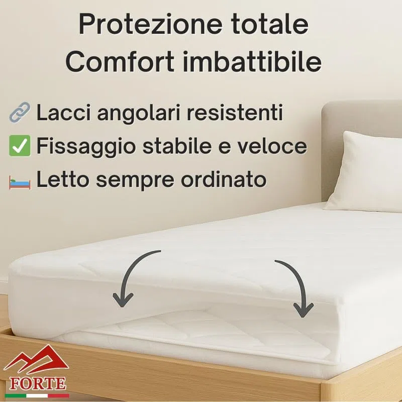 FORTE - Coprirete Matrimoniale 160x190 Imbottito, Resistente Dotato di Lacci agli Angoli, Salvaguarda le Pelli Sensibili con Prioprietà Anallergiche ed Antiacaro, Prodotto in Italia