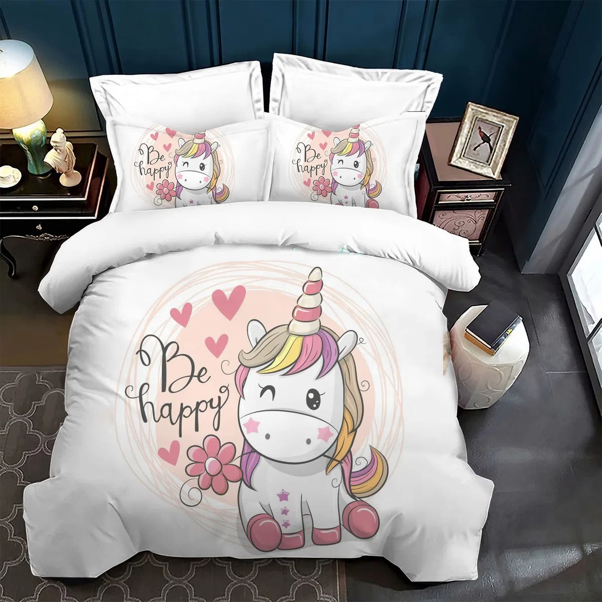 Set di biancheria da letto per bambini, con copripiumino e 2 federe, motivo unicorno, in microfibra, con chiusura lampo (Stile C, 135 x 200 cm)
