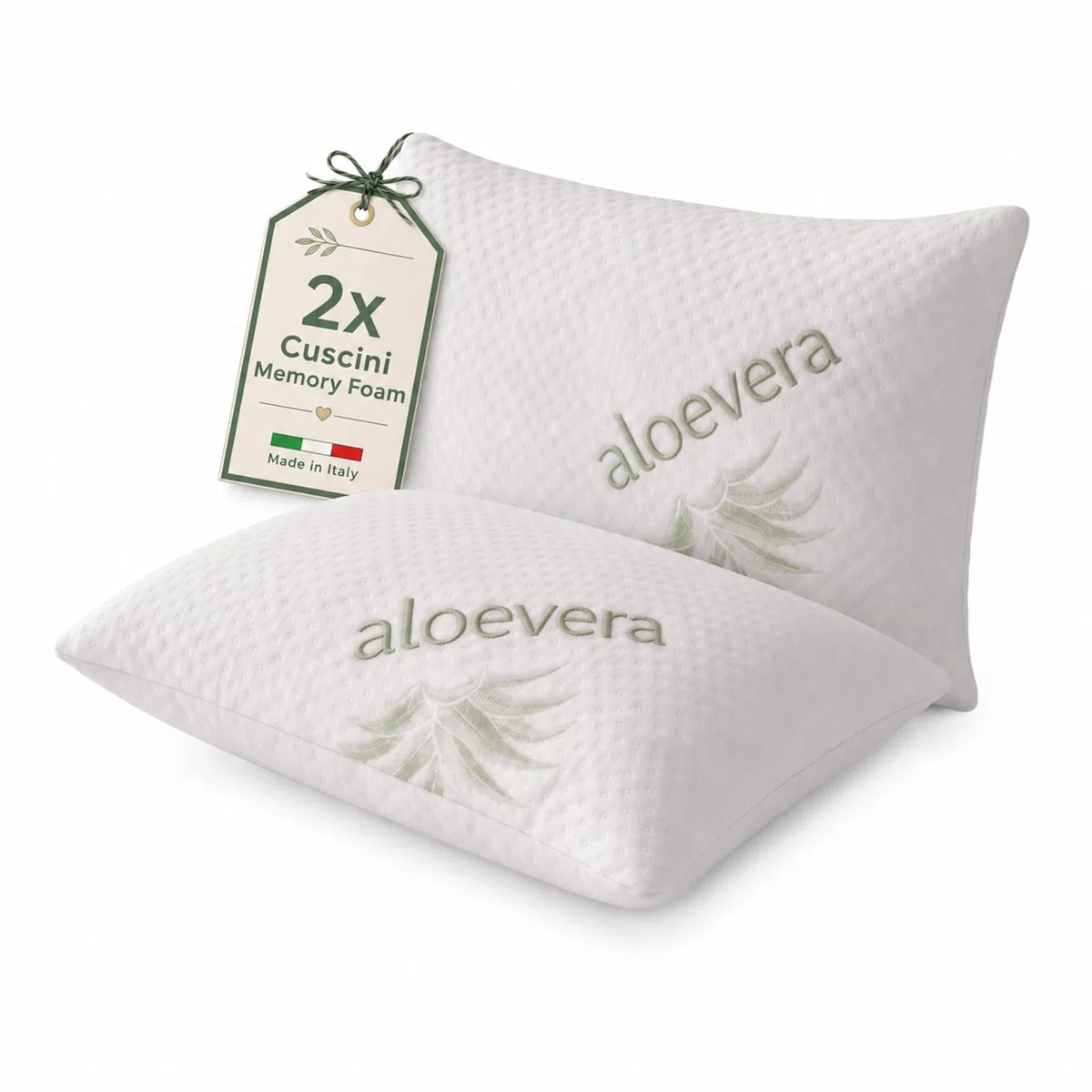 Materassi Russo Coppia Cuscini Memory Foam 40x70 cm, Altezza 11 cm, Guanciali Letto Modello Saponetta Medio Morbidi con Fodera Aloe Vera Sfoderabile, Made in Italy