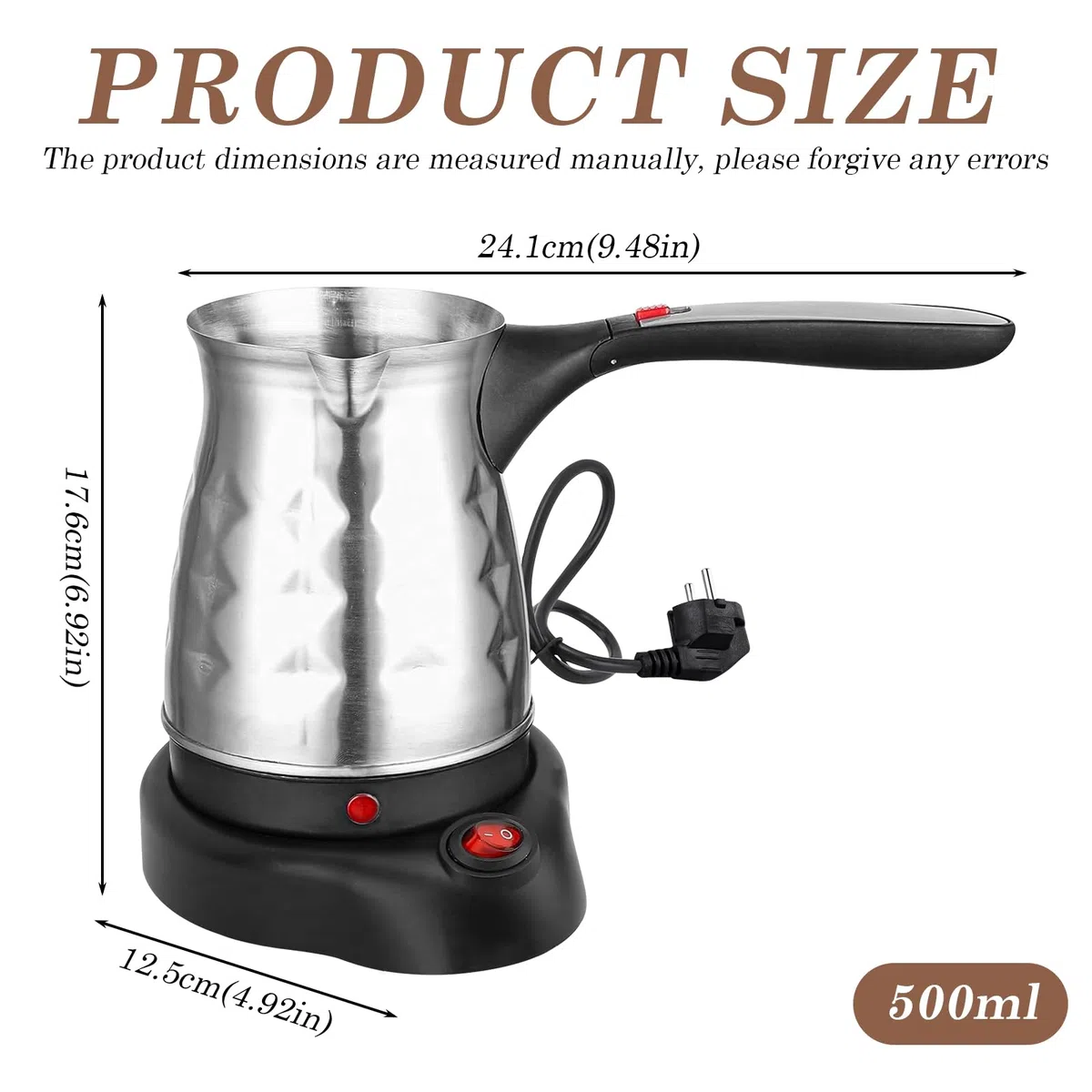 SUNOYA Caffettiera Elettrica Turca Con Maniglia, 500ml Caffettiera Elettrica Caffettiera, Caffettiera Turca, Caffettiera Espresso Induzione Con In Acciaio Inox Viaggio
