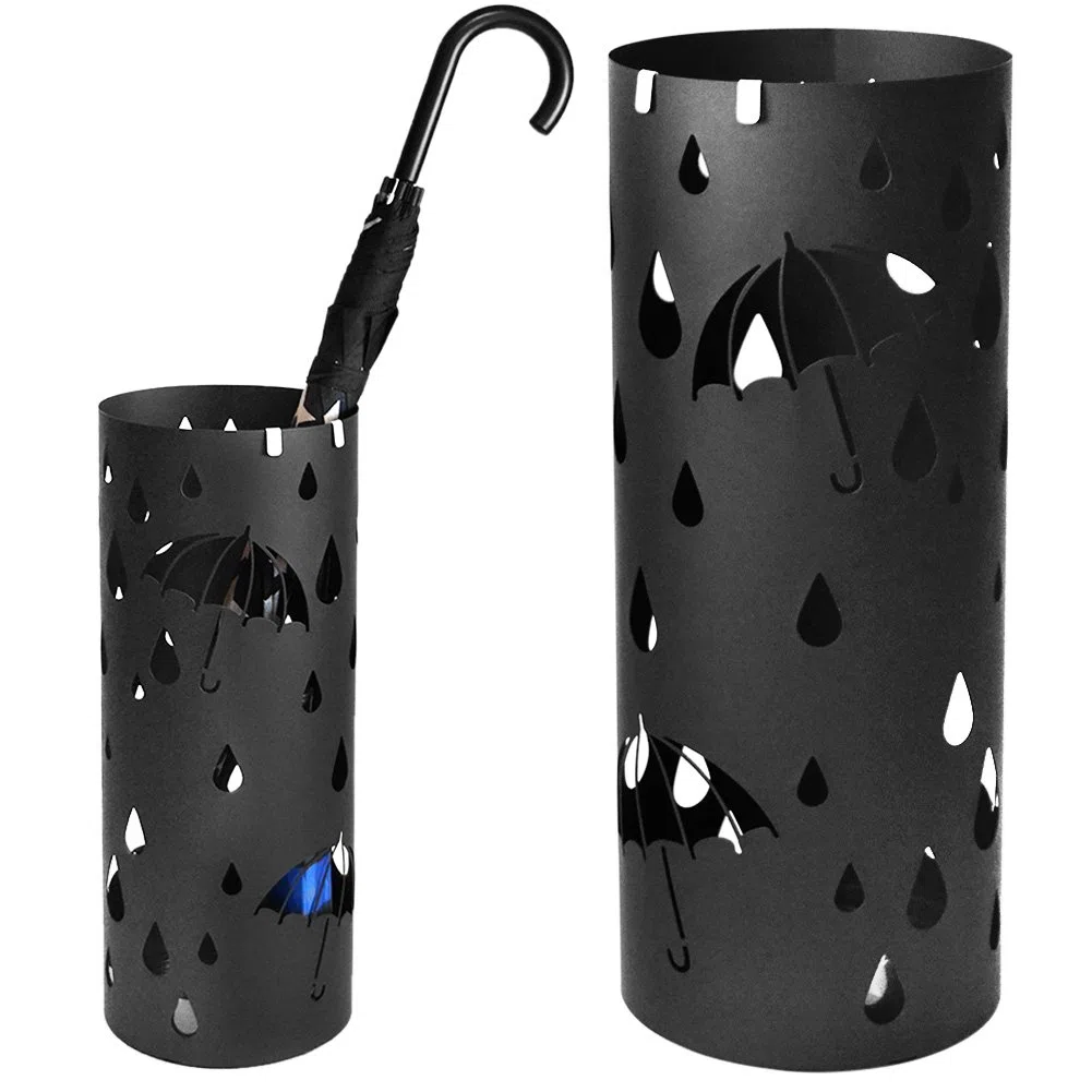 BAKAJI Portaombrelli Stand in Ferro di Design Porta Ombrelli Forma Rotonda Decorazione Intarsio Ombrelli e Gocce Vaschetta Salvagoccia e Ganci per Ombrelli Pieghevoli (Nero)
