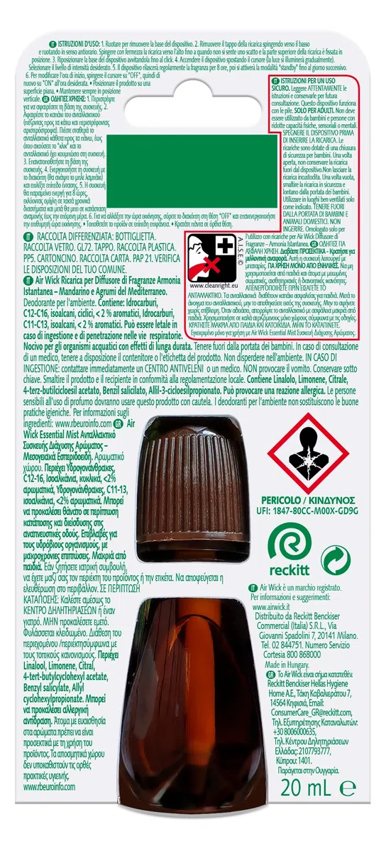 Airwick Ricariche per Diffusore di Oli Essenziali Armonia Istantanea, Confezione da 6 per Profumatore per Ambienti alla Fragranza di Mandarino e Arancia Dolce