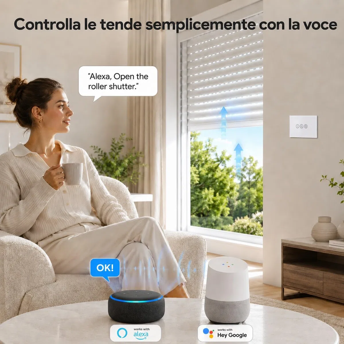 LoraTap Interruttore WiFi per Tenda, Interruttore Tattile Controllo APP o Vocale di Alexa Echo e Google Home, Interruttore Timer Telecomando per 600W CA Persiane Avvolgibili e Tapparelle Motore