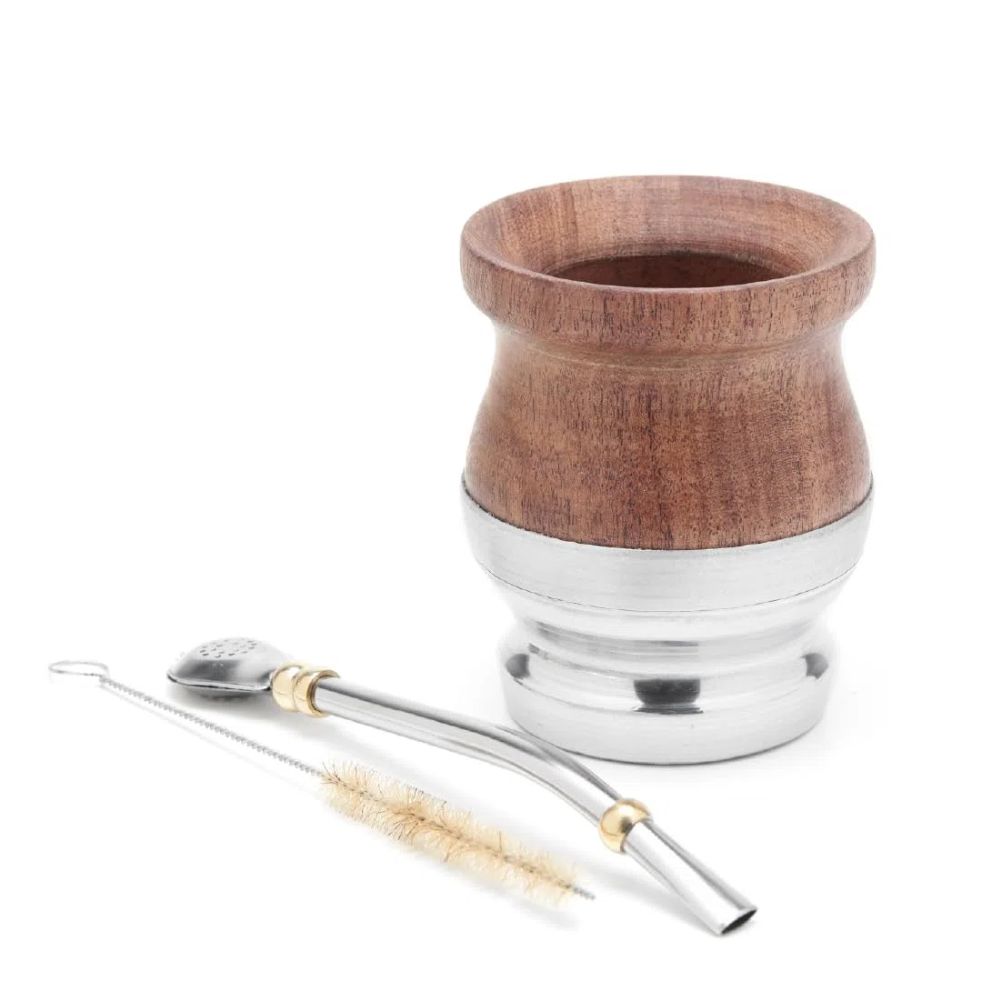 BALIBETOV Yerba Mate - Zucca di legno tradizionale carruba in legno con alluminio (tazza mate) – Set contiene Bombilla (sorbeto) per Mate (legno con base in alluminio)