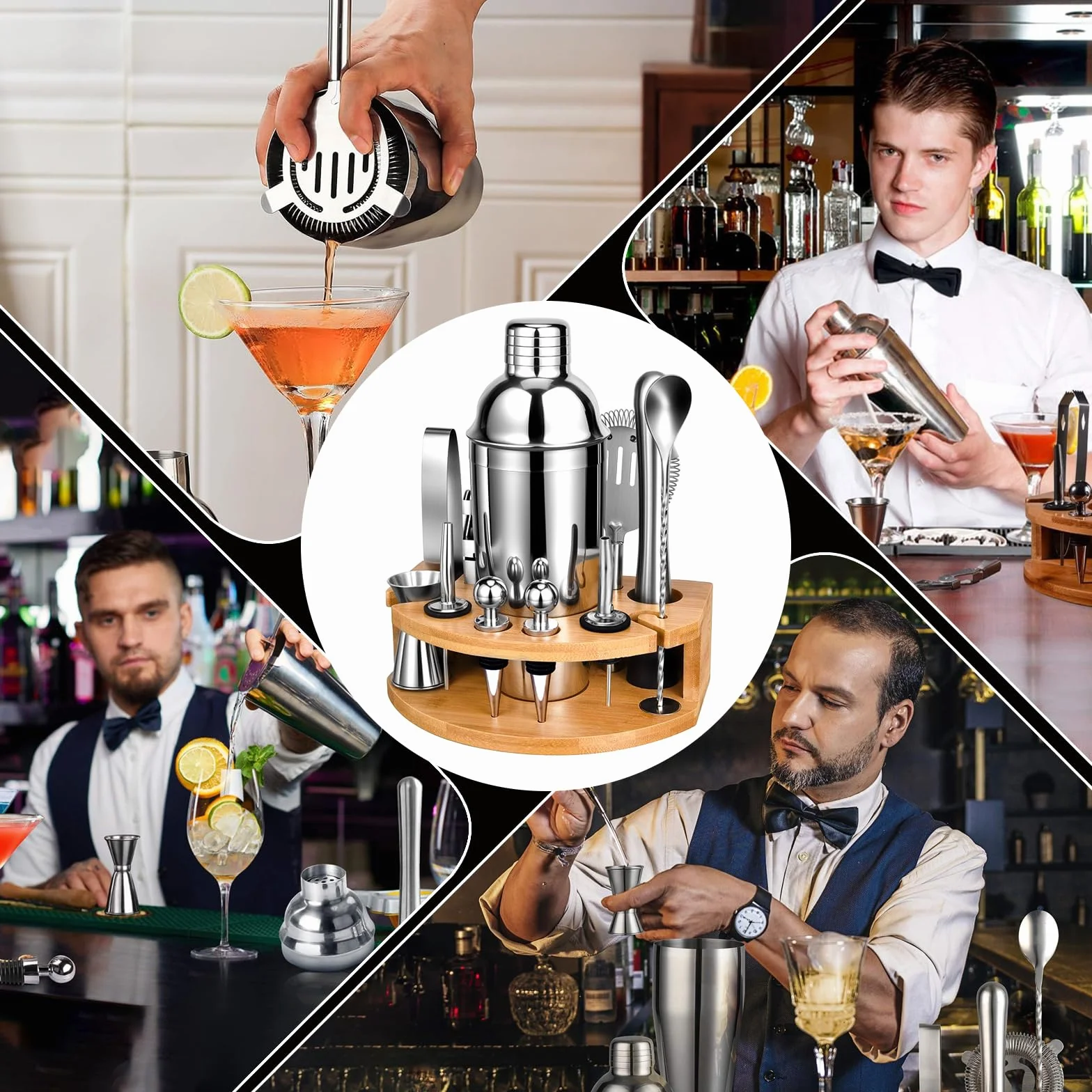AOKITO Set Cocktail, Kit Cocktail Professionale in Acciaio Inossidabile da 12 Pezzi, Shaker da 750 ml, Kit Barman con Supporto in Legno per La Casa o il Bar