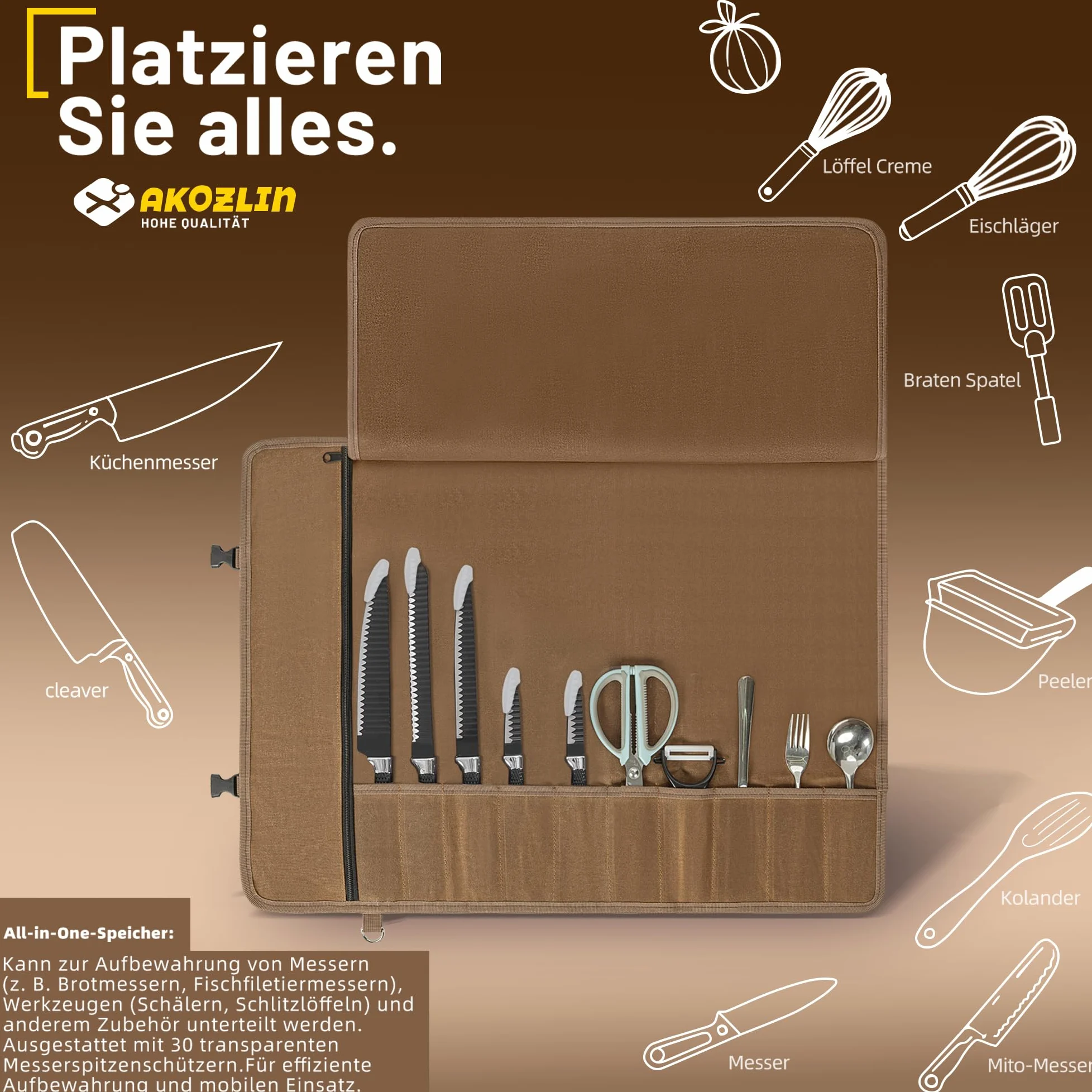 Akozlin Borsa portacoltelli da chef migliorata con 10 scomparti e 1 grande tasca con cerniera in tela cerata, portatile con cinghia regolabile e 30 protezioni per le punte dei coltelli, nero, marrone