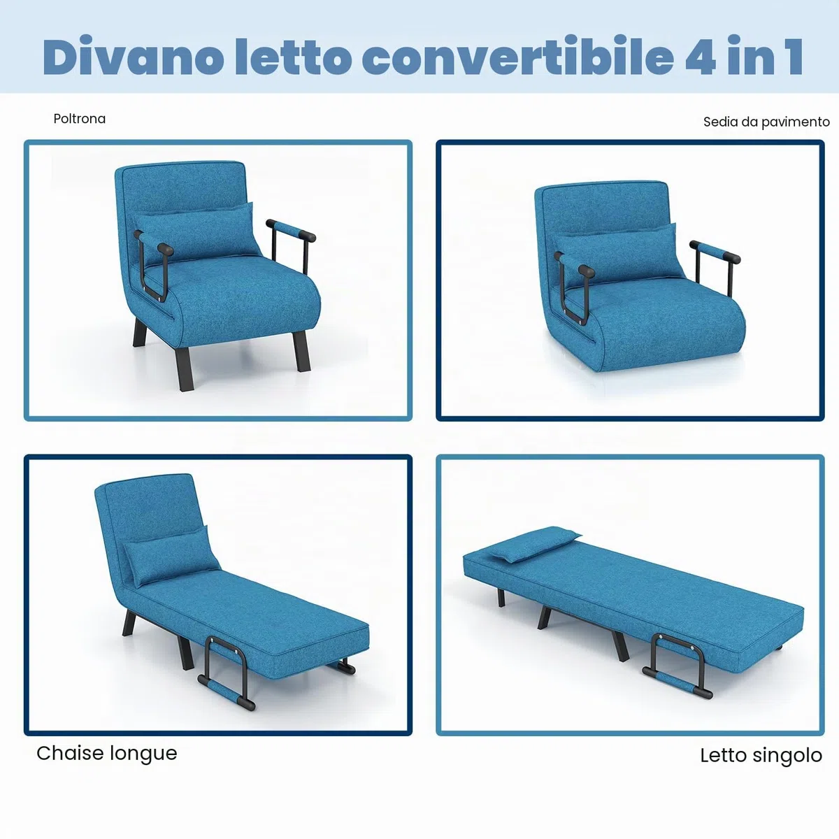 HOMASIS 4 in 1 Poltrona Letto, Divano Letto Pieghevole con Braccioli, Poltrona Salvaspazio con Schienale Regolabile con 6 Angolazioni e Cuscino Removibile, Portata 150 kg (Blu)
