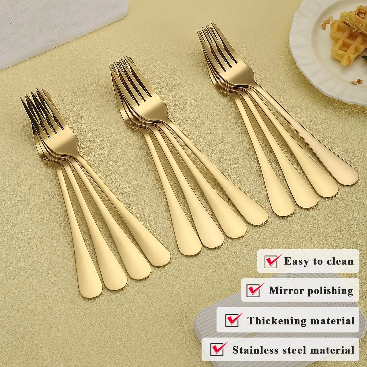 Forchette da tavola Gold 24 pezzi, forchette da tavolo in acciaio inossidabile con placcatura in oro in titanio per casa, ristorante, matrimoni, feste, eventi