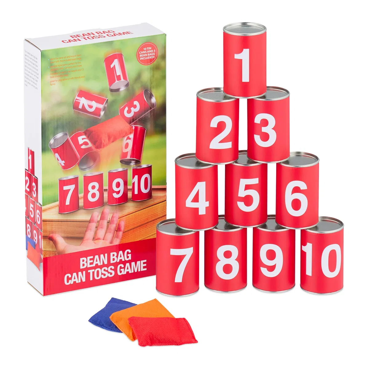 Relaxdays Tiro al Barattolo per Bambini, Giochi da Giardino, 10 Lattine e 3 Sacchi, per Feste di Compleanno, Rosso