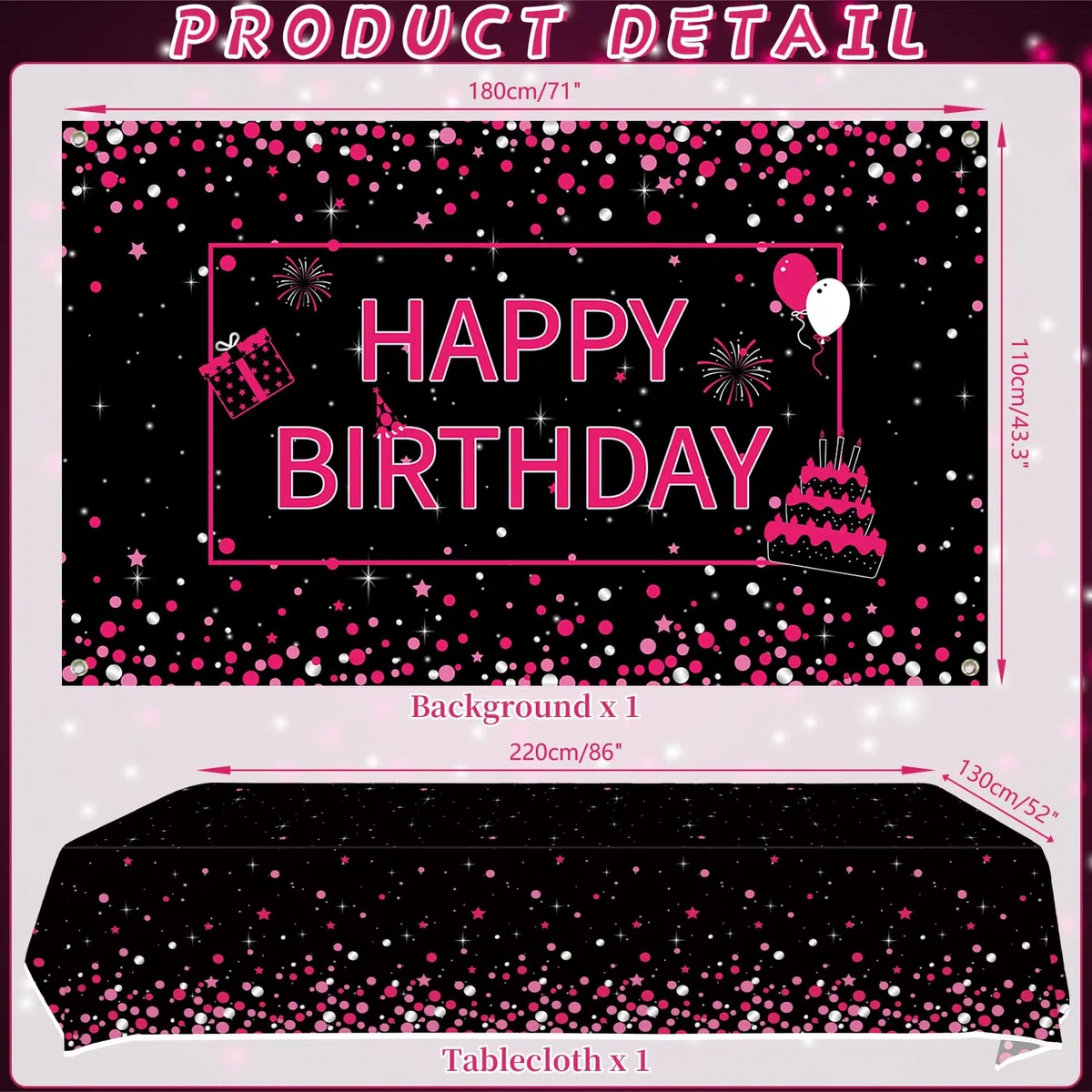 Decorazione di compleanno rosa e nero - accessori per feste in rosa e nero, tra cui sfondo, piatti, decorazioni per torte, bicchieri, tovaglioli, palloncini, tovaglie, per 20 persone (BJ)