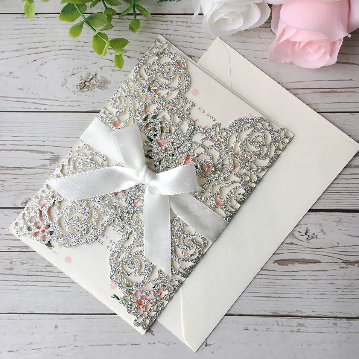20 Pezzi Invito a nozze tagliati al laser Argento con busta bowknot per matrimonio partecipazioni di nozze, 20 pezzi (Glitter Argento)