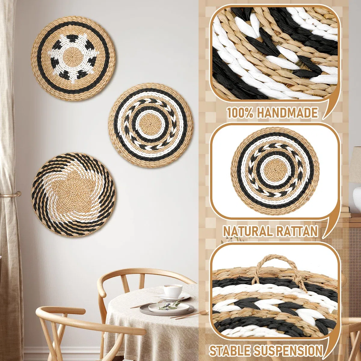 Set di 3 cesti decorativi da parete in stile bohémien, set di 3 cestini decorativi da parete, rustici, da appendere, fatti a mano, rotondi, con design africano, per soggiorno, camera da letto,
