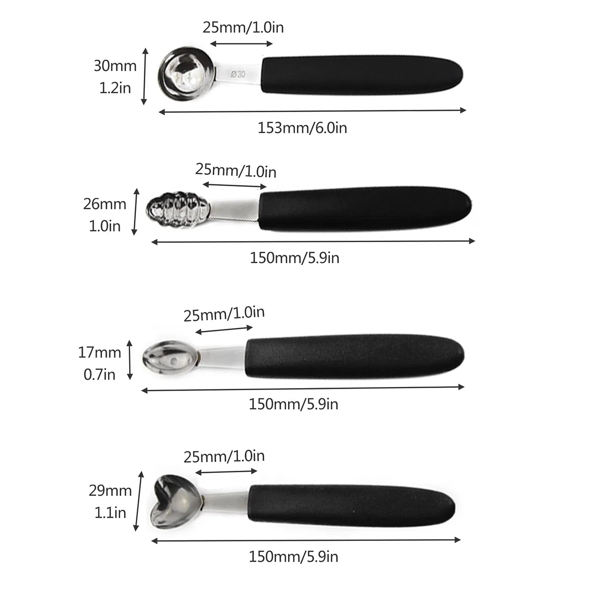 Set di 7 Palette per Scavino per Melone, Scavatrice per Scavino in Acciaio Inossidabile con Manico in Gomma Facile da Impugnare, Paletta per Gelato e Anguria, Gadget da Cucina per Tagliare la(Nero)