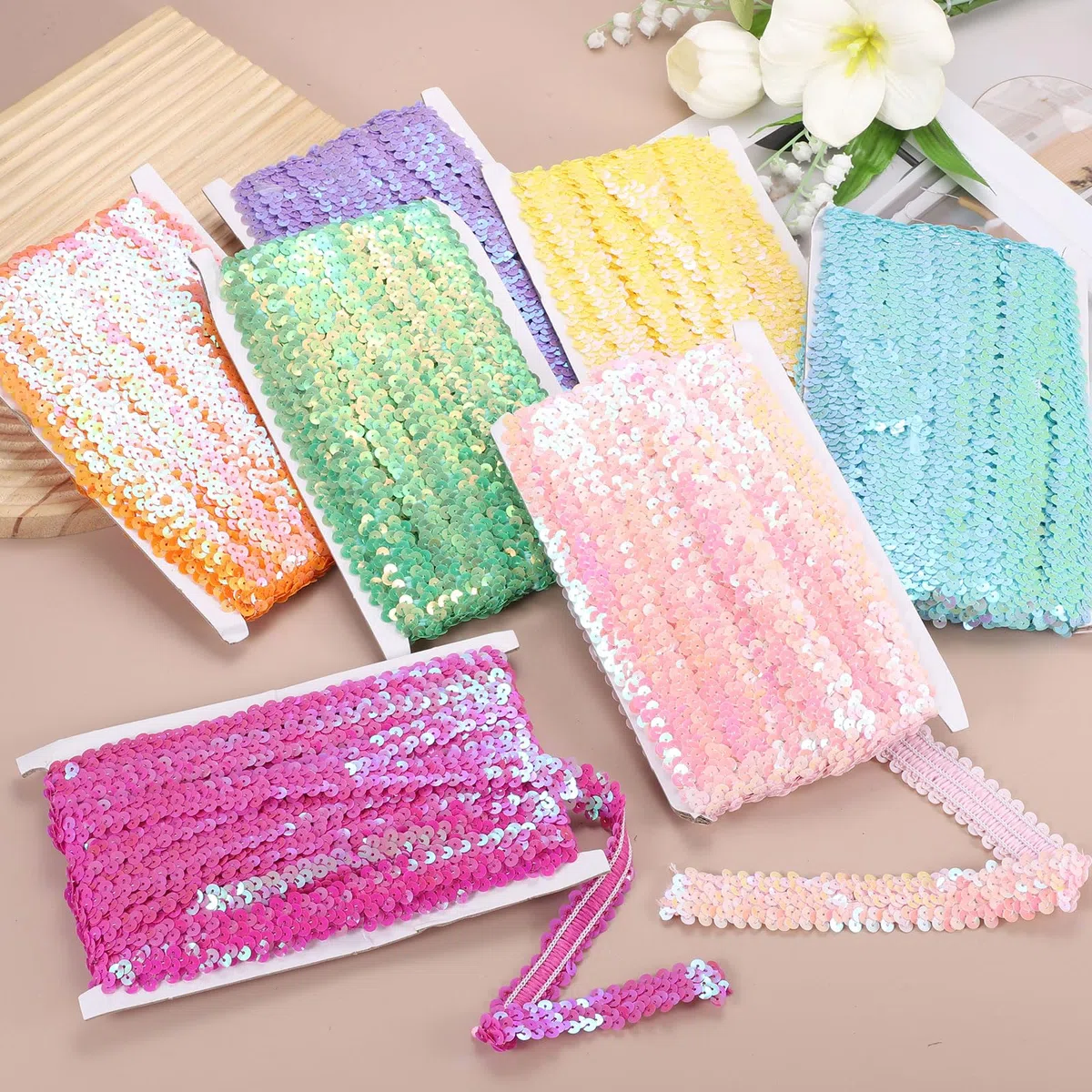 sourcing map Nastro elastico con paillettes, 10 m x 2 cm, piatto, elastico, per fai da te, artigianato, cucito, vestiti, colore oro