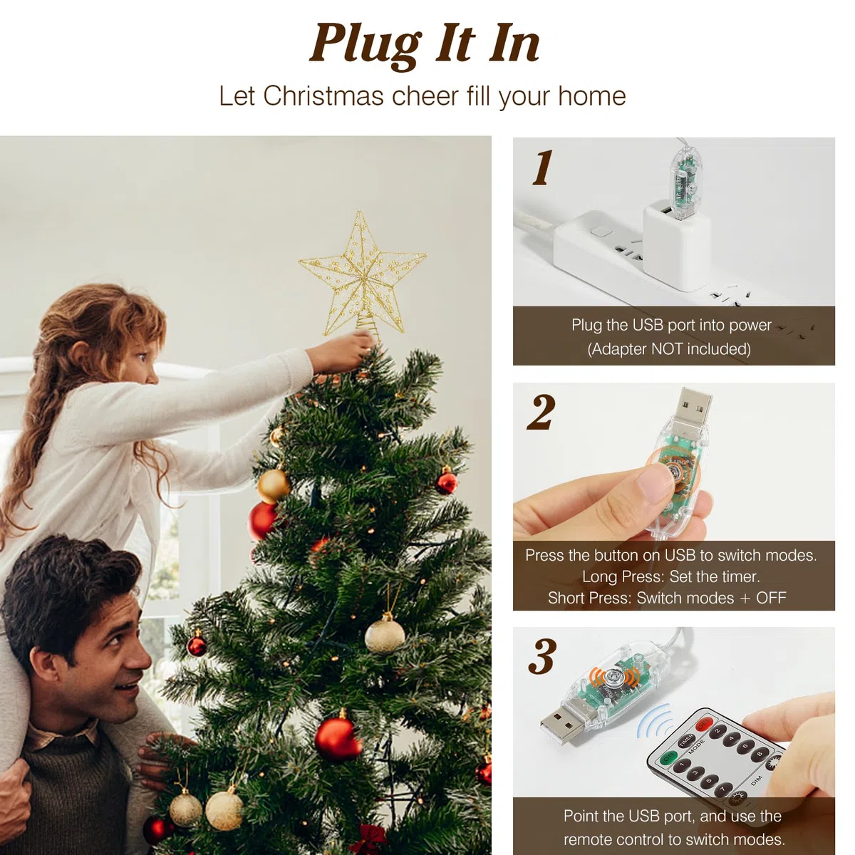 Lewondr Puntale per Albero di Natale a Forma di Stella, 11" Puntale con Base Spirale Telecomandato Alimentato da USB, 8 Modalità con Timer, Oro