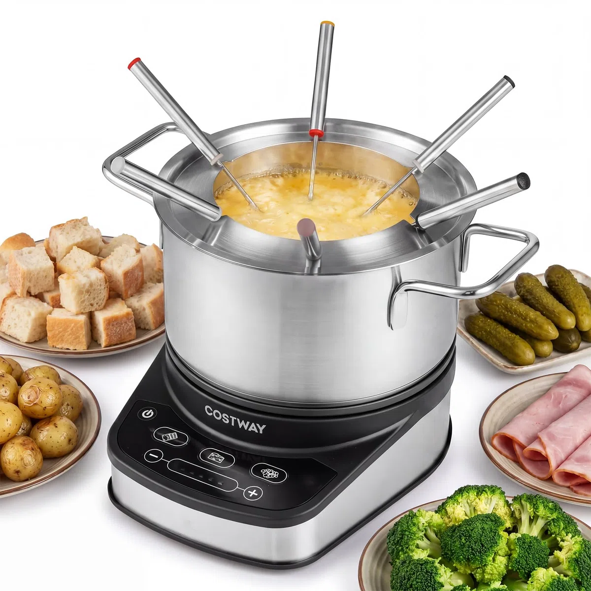 COSTWAY 3 L Set Fonduta Elettrica, Fondue per Formaggio, Bourguignonne, Cioccolato con 6 Forchette, Pentola Antiaderente e Paraspuzzi, Temperatura Regolabile, in Acciaio Inox, Rimovibile e Lavabile