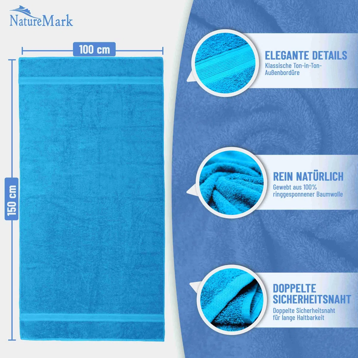 NatureMark ASCIUGAMANI PREMIUM/ASCIUGAMANI DA BAGNO in 100% cotone, morbidi, resistenti, con asola per appendere – set da 2, 100x150 cm, Colore Turchese