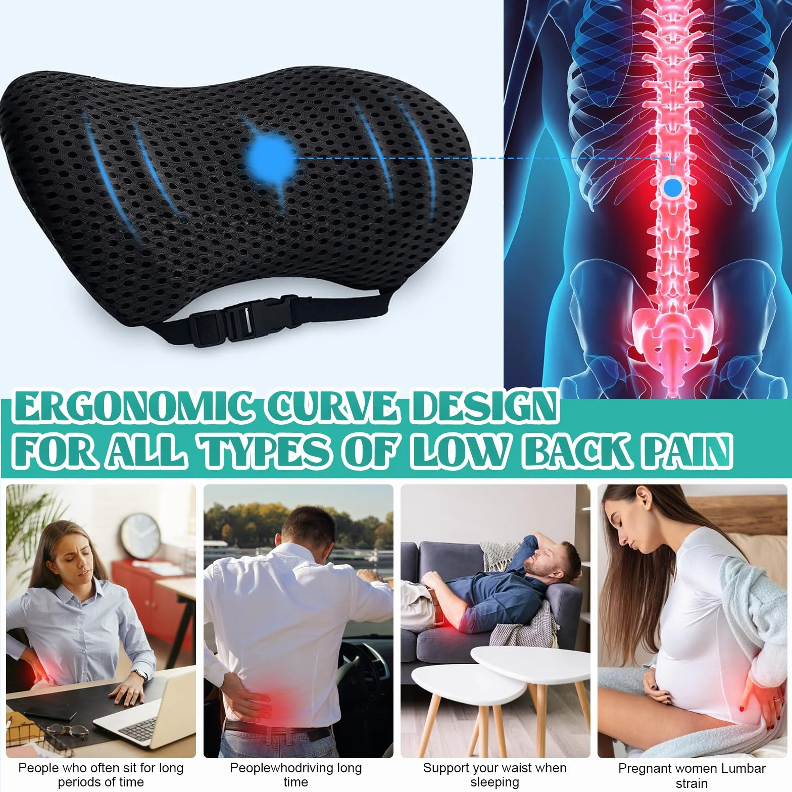 Cuscino ergonomico di supporto lombare, cuscino per schienale in memory foam di alta qualità, per sedia da ufficio, auto e giochi, design ortopedico per alleviare il dolore lombare, copertura in rete