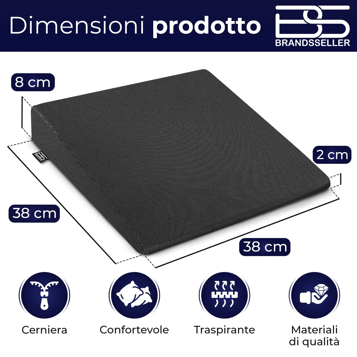 Cuscino a Cuneo 38x38x8/2 cm per Sedia, Ufficio e Auto, Cuscino Ergonomico per Seduta Corretta, Supporto per Schiena, Nero