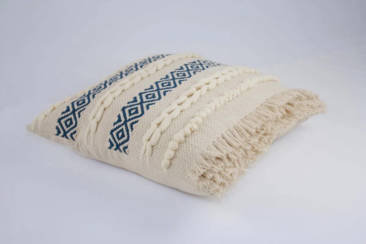 TreeWool Fodera per Cuscino Boho (45x45 cm, Verde Pavone, Confezione da 1) Cuscino Decorativo Tessuto a Mano con Passanti Intrecciati, Motivo Geometrico e Frange - Cuscino Quadrato per Divano
