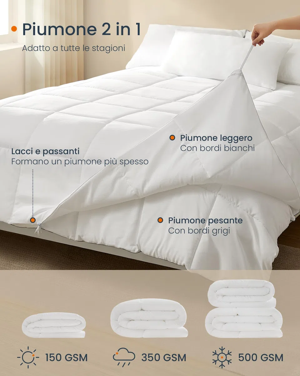 SONGMICS HOME Piumino Letto 2 in 1, 200 x 200 cm, Composto da Piumone Estivo 150 GSM e Piumone Invernale 350 GSM, per 4 Stagioni, Bianco Nuvola TDC003W01