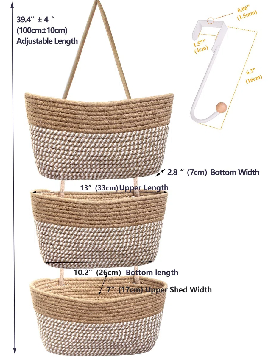 ililmmoeCesto appeso dietro la porta, cestino a 3 strati, corda di cotone, montato a parete， cestino da cucina decorativo, organizer per appendere il bagno, incluso1gancio (Strisce Di Lino)