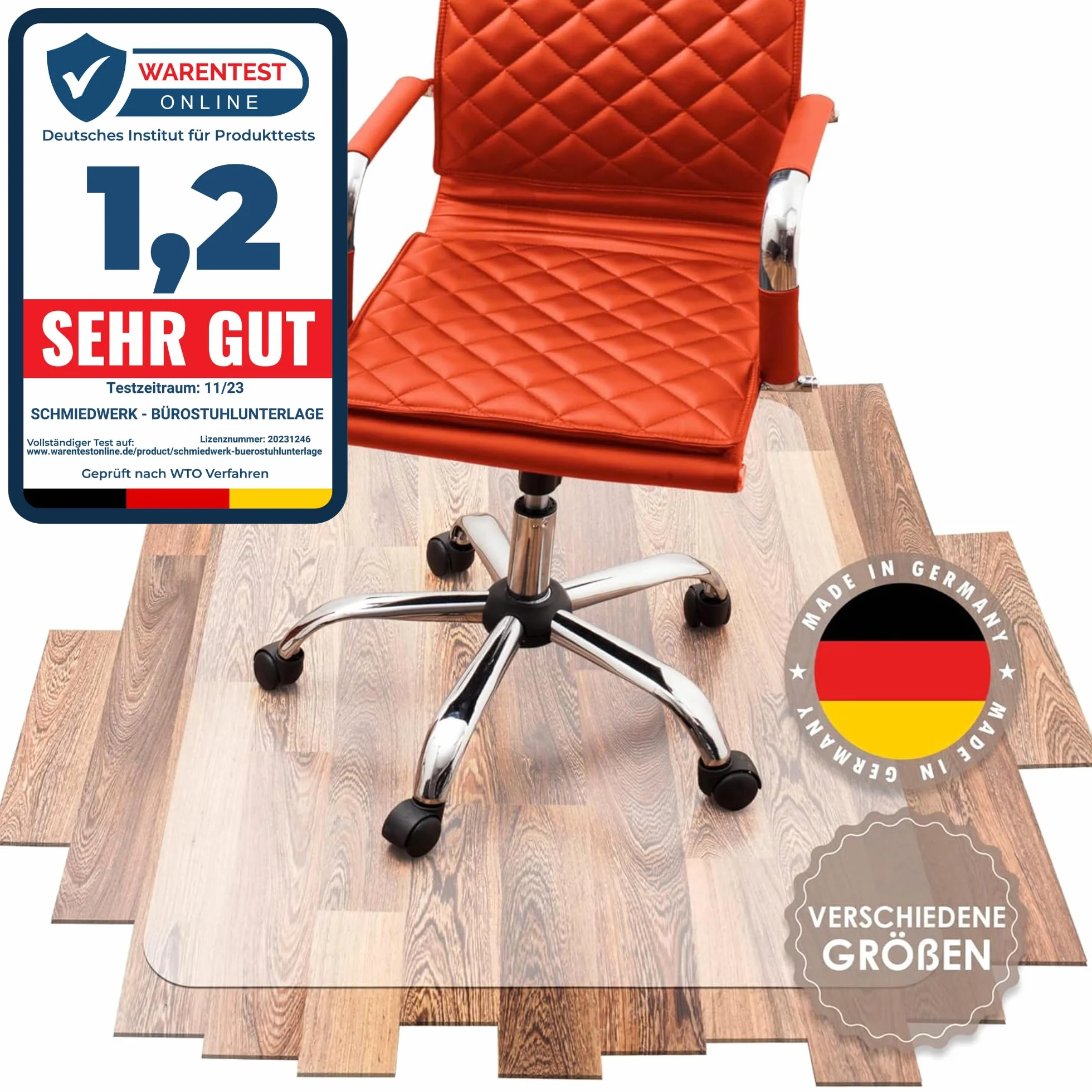 SCHMIEDWERK - Tappetino per sedia da ufficio, diverse dimensioni, tappetino protettivo per sedia da scrivania, antiscivolo, colore bianco trasparente, made in Germany (90 x 120 cm)
