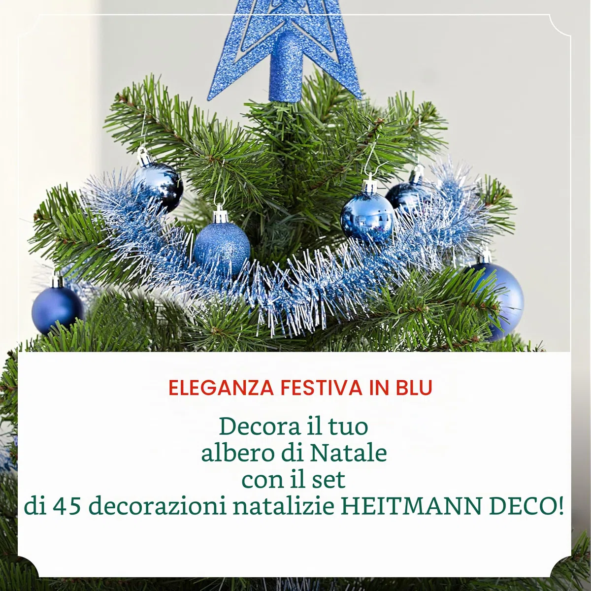 HEITMANN DECO - Addobbi per albero di Natale, colore blu, 45 pezzi, con puntale, palline, catene di perle e ghirlande, in plastica