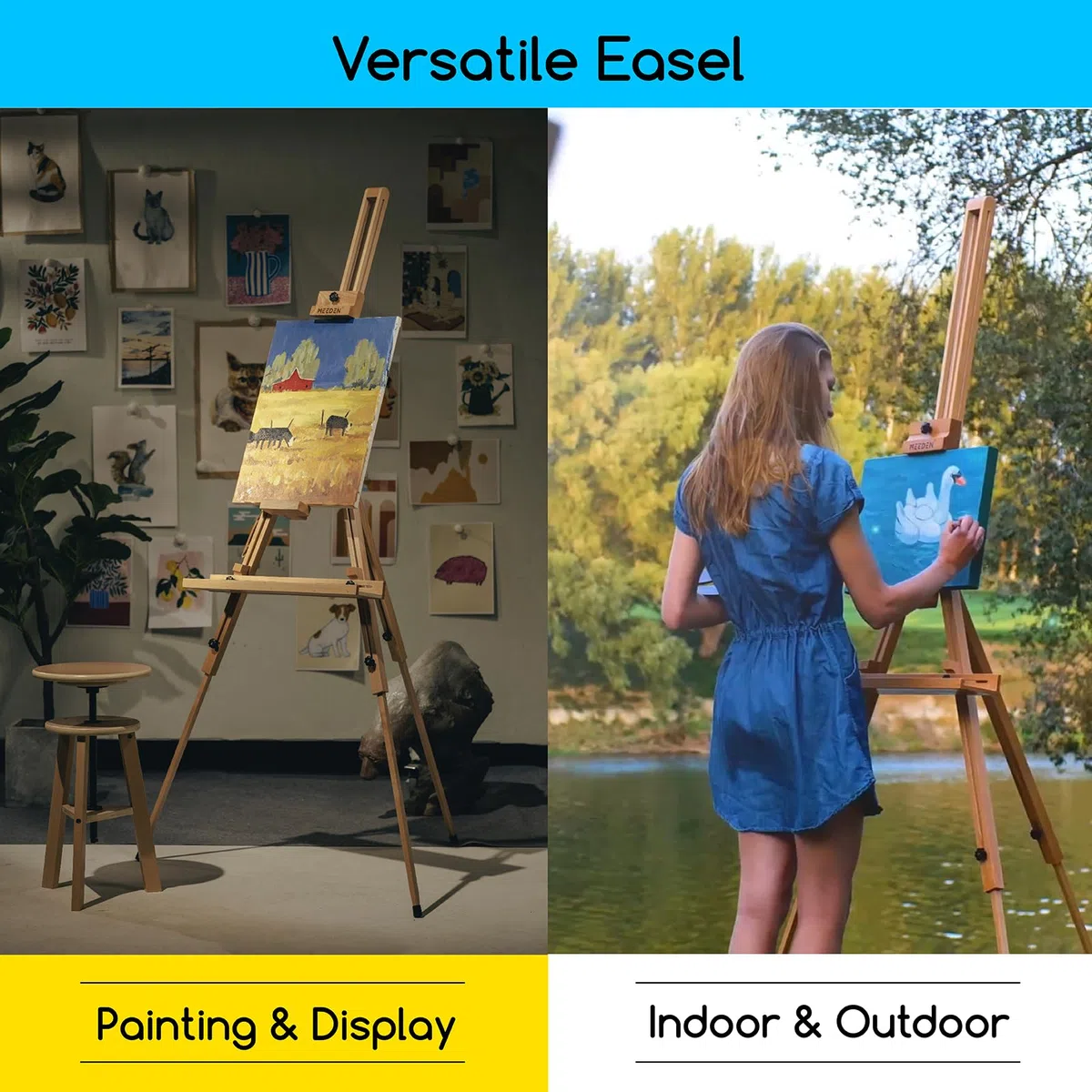 Meeden, cavalletto a treppiede per pittura, universale, regolabile, portatile, in legno di faggio, perfetto per pittori, studenti e artisti di paesaggio, può contenere tele fino a 111,8 cm