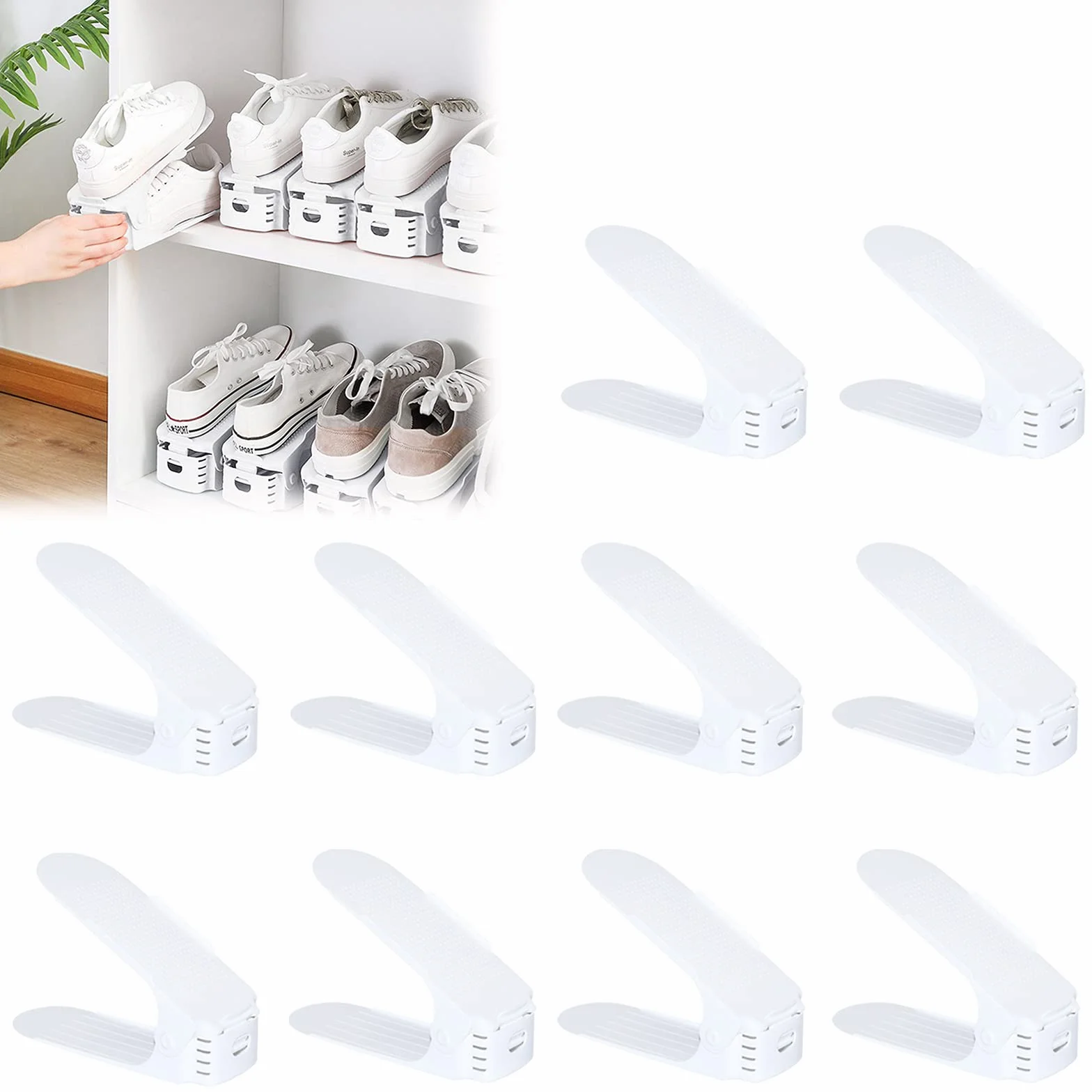 UISEBRT - Scarpiera regolabile da 10 pezzi, colore bianco, portascarpe salvaspazio regolabile in 3 livelli, organizer per scarpe, antiscivolo
