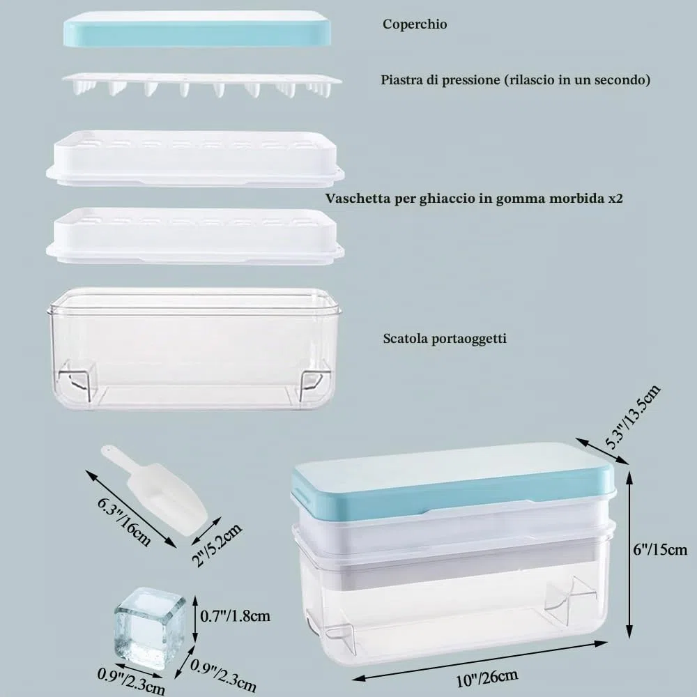 1 Secondo Demould - Vassoio per cubetto di ghiaccio con coperchio e cestino, le stampi per ghiaccio a 2 livelli producono 64 cubi di ghiaccio, Compreso lo scoop (Blu)