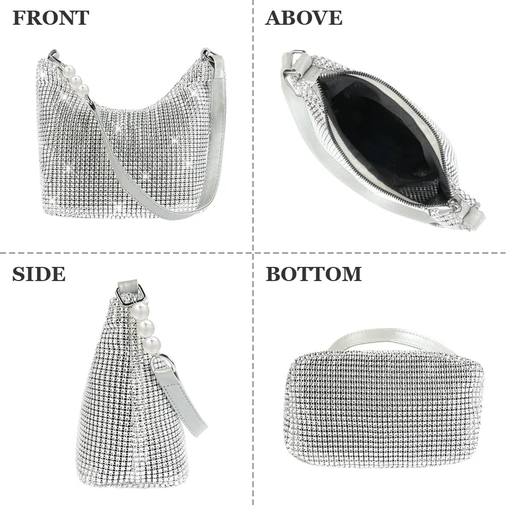 OSDUE Borsa da Sera con Pochette, Borse con Strass Fatte a Mano in Argento Lucido, Donna Pochette da Sera, Borsa a Tracolla Chic ed Elegante Borsa Tote per Serate Matrimoni Balli di Fine Anno Feste A
