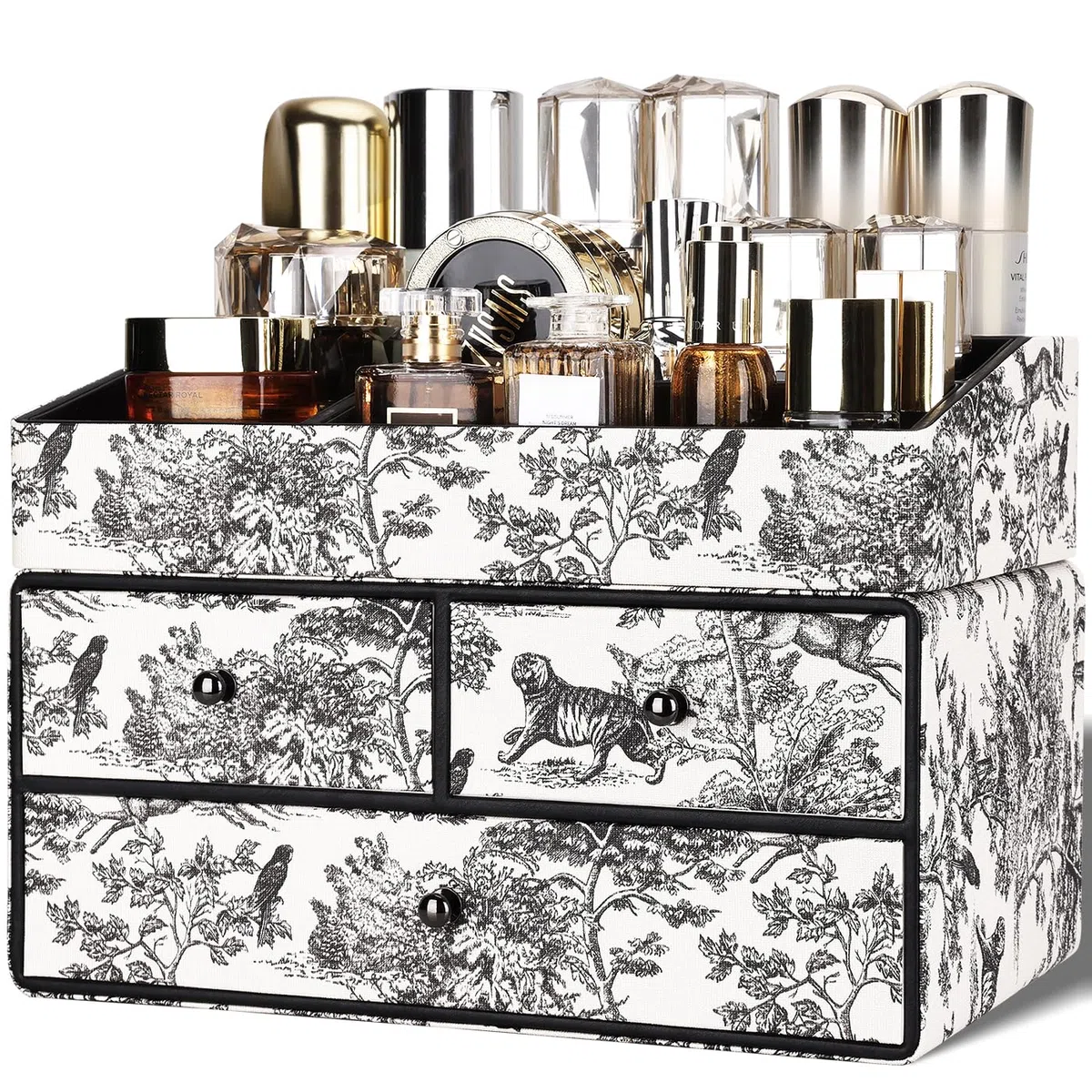GORESE Organizzatore per Cosmetici, 2 Ripiani 3 Cassetti Organizer Trucchi in Pelle Porta Trucchi Organizer da Scrivania Organizer Bagno per Camera da Letto, Bagno, Tavolo da Toeletta(Vintage Nero)