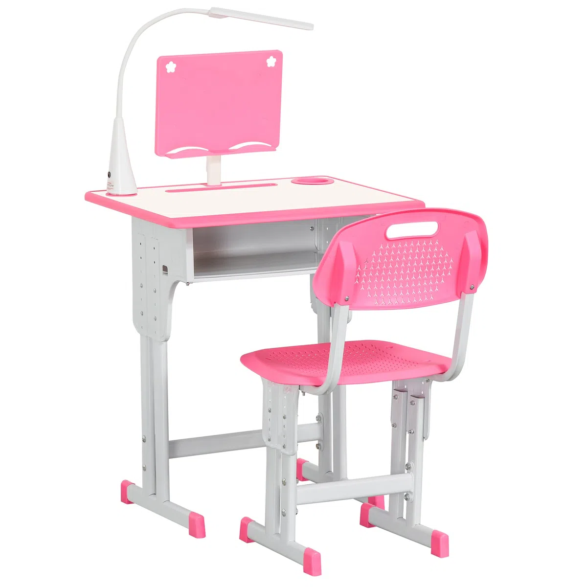 HOMCOM Banchetto per Bambini 6-12 Anni ad Altezza Regolabile con Lampada LED, Leggio e Mensola, Set Banco con Sedia per Bambini in PP, Acciaio e MDF, Rosa