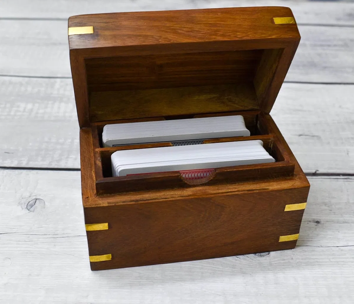 Ajuny Scatola per Carte da Gioco a Doppio Piano in Legno Realizzata a Mano con 2 Set di Carte da Gioco in Ottone Fine Regalo di Inaugurazione Della Casa