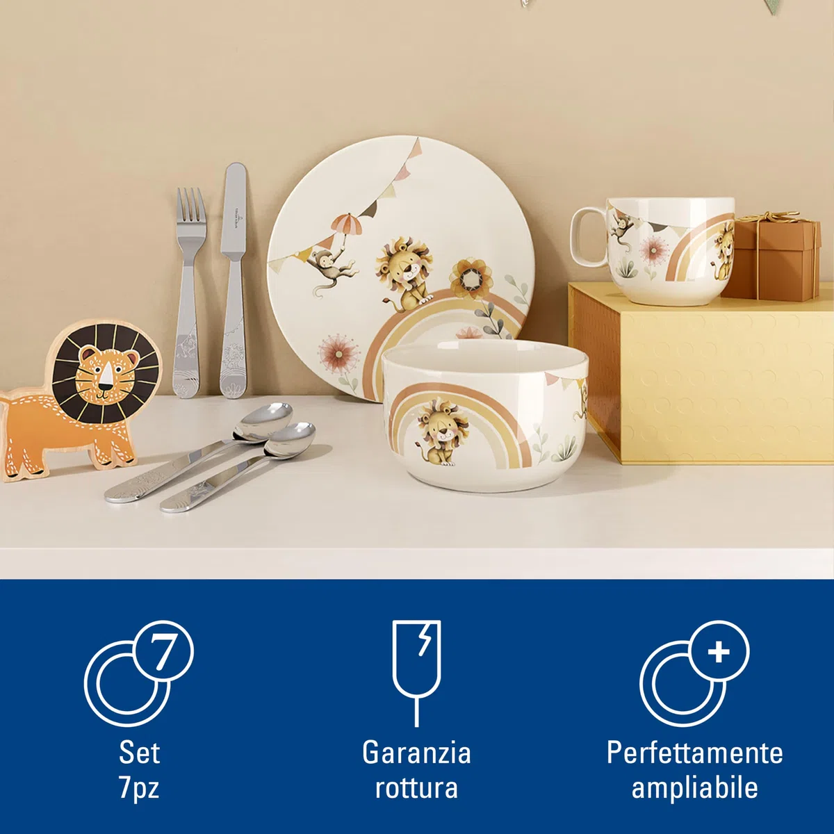 Villeroy & Boch - Roar like a Lion Set di Stoviglie per Bambini 7 Pezzi Beige, Lavabile in Lavastoviglie, Adatto per Microonde, Stoviglie, Piatti, Tazzine, Ciotola, Servizio, Porcellana Premium