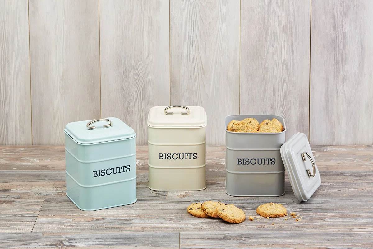 KitchenCraft Living Nostalgia Contenitore per Biscotti Stile Vintage, Coperchio con Maniglia, Acciaio, 14.5 x 19 cm (6" x 7.5"), Grigio