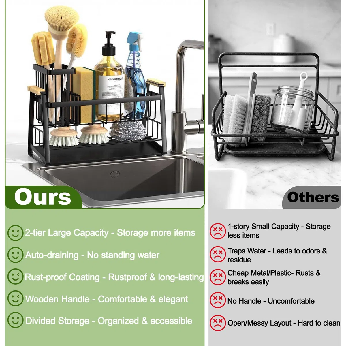 Housolution Portaspugna per Lavello Cucina, Organizer per Lavello 2 Livelli con Portaspazzole Alto e Flessibile, Accessori per Stoccaggio del Piano Cucina, Porta Dispensatore di Sapone, Antiruggine