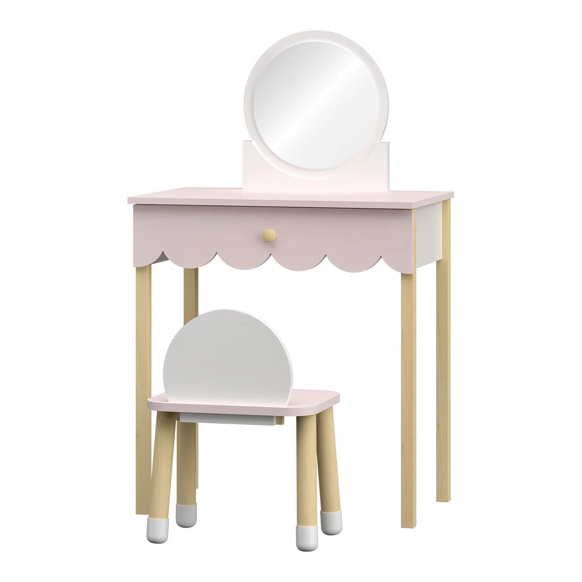 [en.casa] Set di Tavolo da Trucco per Cameretta con Specchio Rotondo e Sedia Tavolino da Toeletta Scrivania con Cassetto e Sgabello per Bambini - Rosa/Bianco