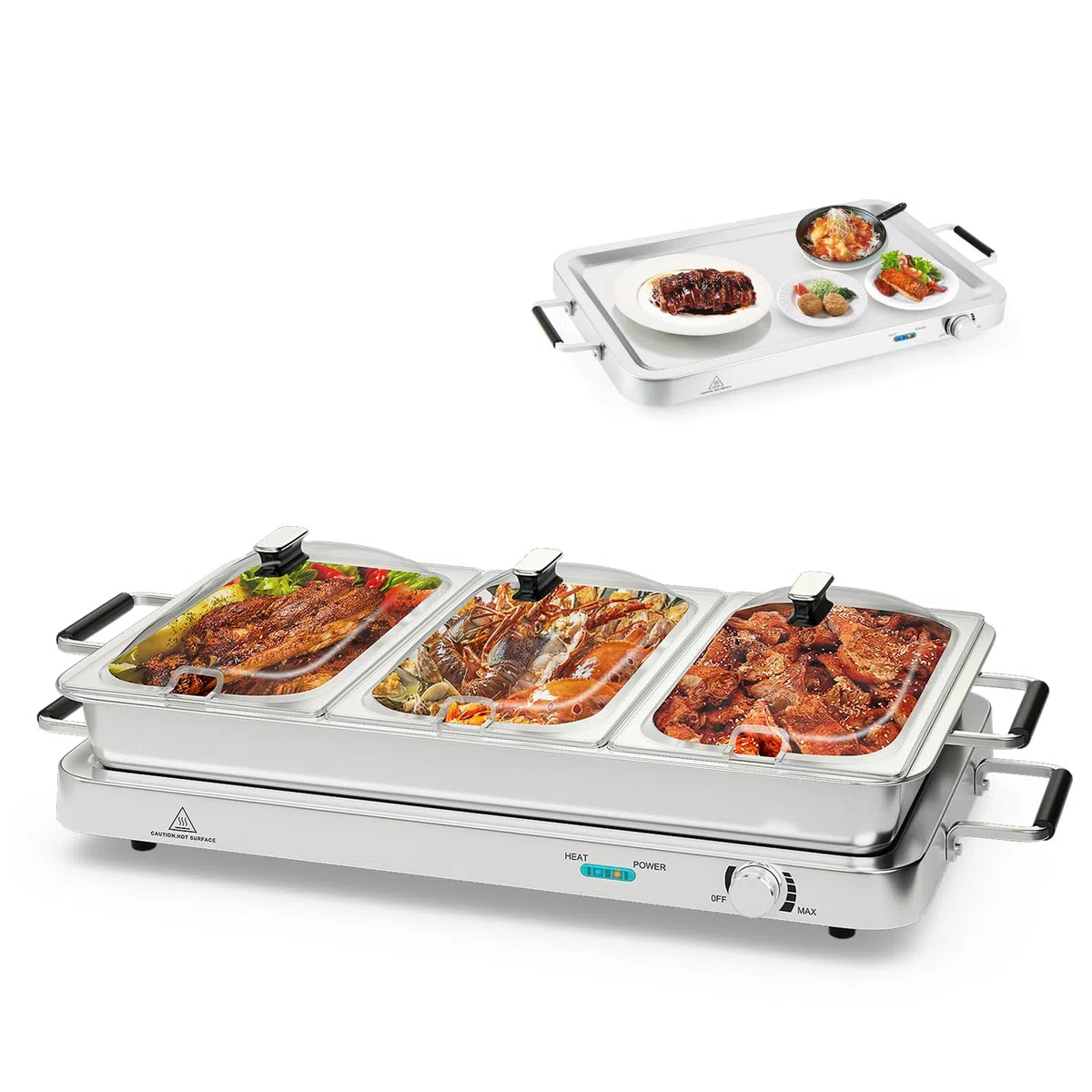 SOARS Scaldavivande Elettrico per Buffet 9L 450 W, Vassoio Scalda Vivande in Acciaio Inox con 3 Contenitori & Coperchi, Borsa, Temperatura 50-150℃, per Feste, Matrimoni, Ristoranti