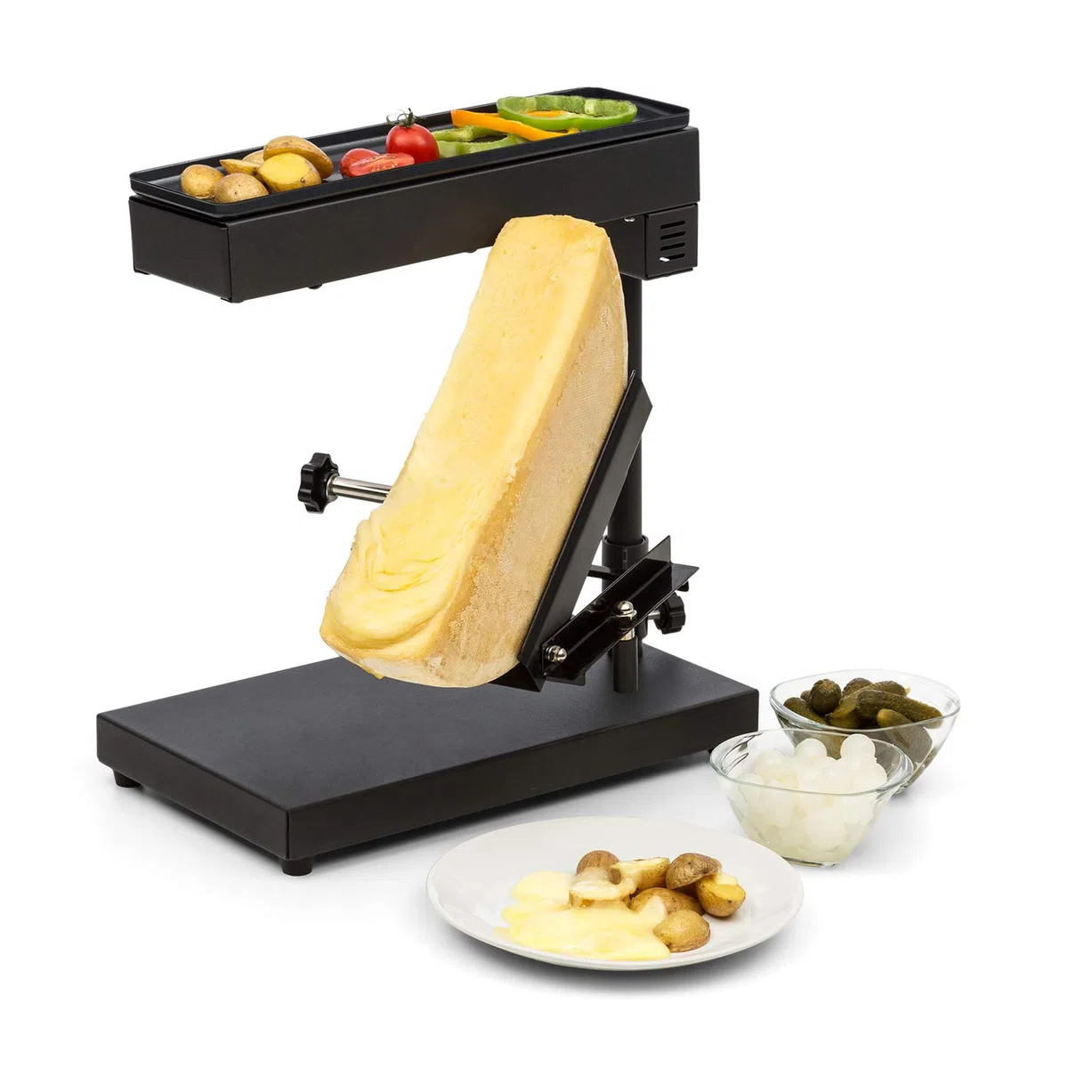 Klarstein Griglia per Raclette con Vassoio in Acciaio Inox, Piastra Raclette Formaggio Rotabile e Regolabile 1000W, Piastra Elettrica per Grigliare Carne e Formaggio, Piastra Grill per Interni