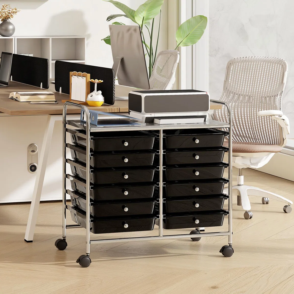 RELAX4LIFE Carrello di Stoccaggio con 12 Cassetti Estraibili, con Ruote Bloccabili e Maniglie, Struttura in Metallo, Carrello di Servizio con Ampia Piano per Soggiorno, Sala Giochi (BIANCO)