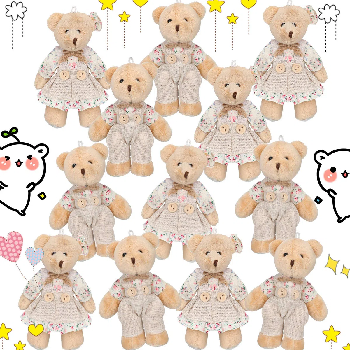 Skylety 12 Piccoli Orsetti di Peluche Coppia di Mini Orsacchiotto con Vestiti di Juta Animali di Orso Decorazioni per Matrimonio Compleanno Bomboniere Natale (Multicolore, Stile Fresco)