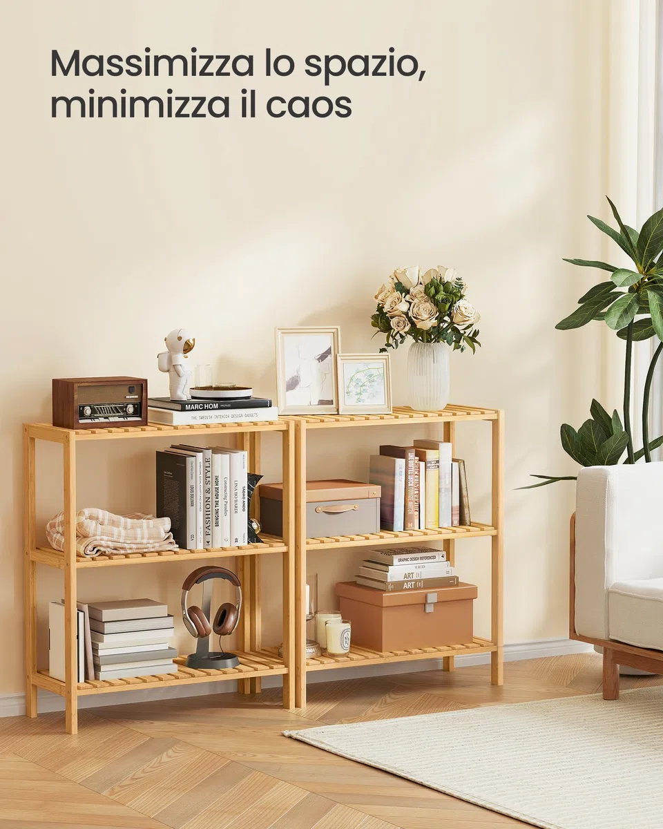 SONGMICS Scaffale Portaoggetti in Bambù, Mensola a 3 Ripiani, Multiuso, per Ingresso, Bagno, Soggiorno, Balcone, Cucina, 26 x 60 x 66 cm, Beige Naturale BCB33Y