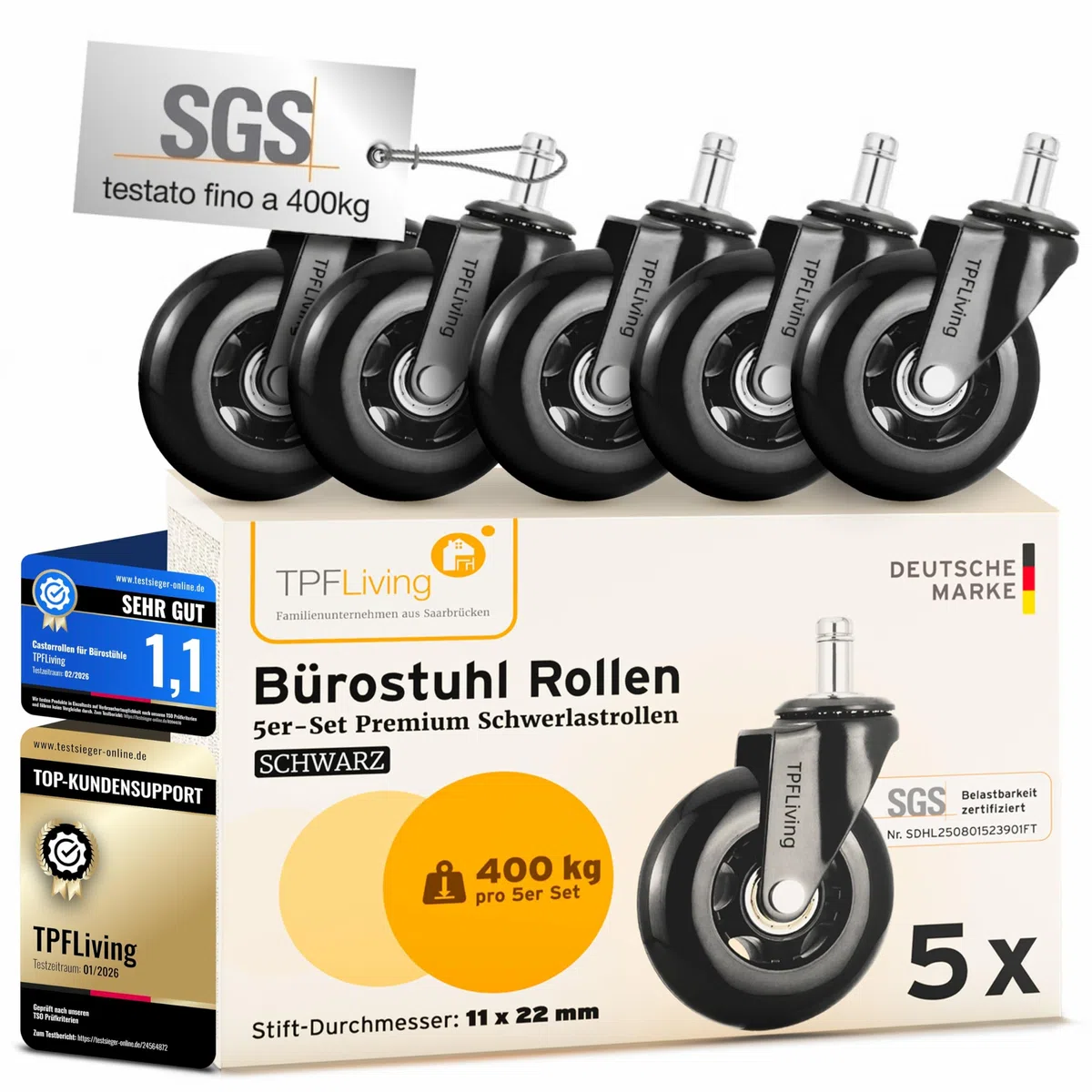 Set premium da ruote sedia ufficio 11 mm x 22 mm – Certificato SGS fino a 400 kg (900 lbs) – Ruote durevoli, silenziose e delicate sui pavimenti – Rotelle per mobili facili da montare