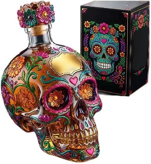 Bottiglia decanter a forma di teschio gotico 2026, decorativa in edizione limitata, dipinta in vetro dipinto, per liquori, decanter vuoto per whisky, creativo con design floreale per feste di