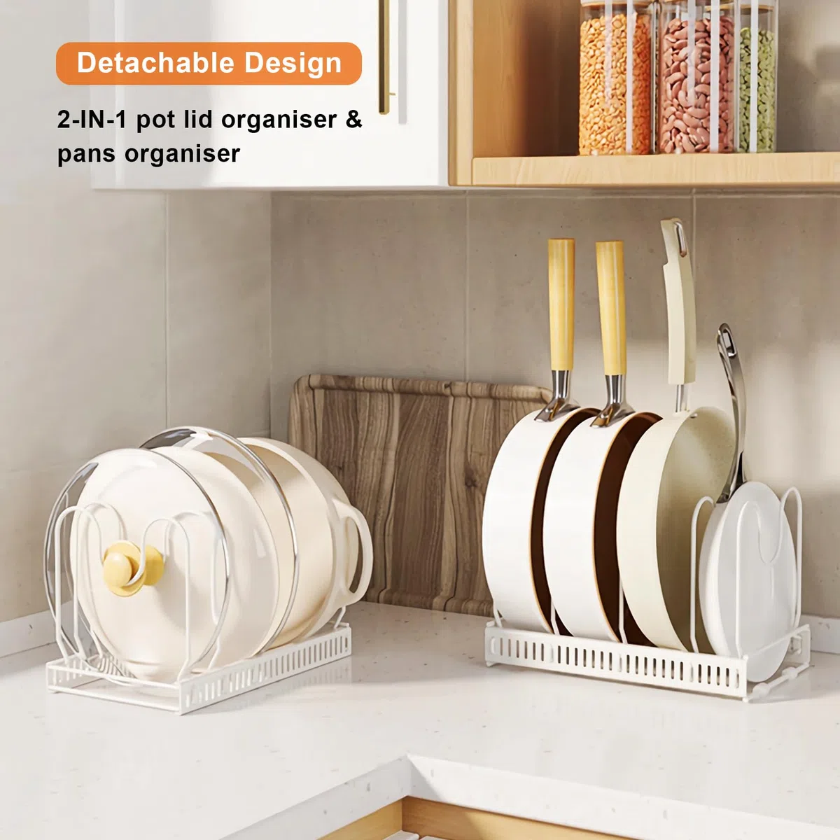 Porta Coperchi Pentole Salvaspazio, Organizer Pentole e Padelle con 10 Scomparti Regolabili, Organizer Cucina, Porta Pentole Salvaspazio da Cassettone, Bianco