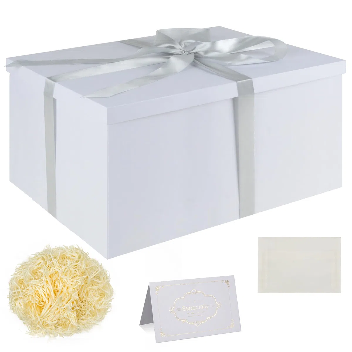 Set Scatola Regalo, Scatole Regalo Bianco con Coperchi 38 x 28 x 19 cm Scatola Regalo Grande con Nastro Biglietti Auguri Carta Velina Tagliuzzata per Natale Compleanno Matrimonio