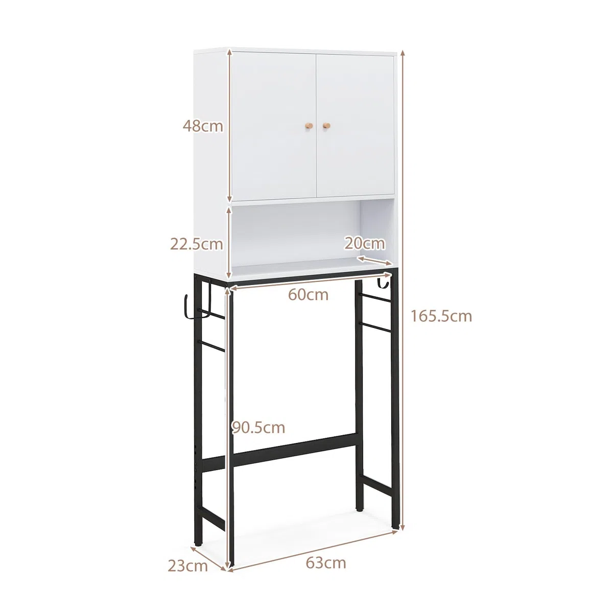 LIFEZEAL Mobile sopra il WC Mensola indipendente per bagno con 2 porte, armadio da pavimento con ripiani regolabili e 2 ganci laterali, organizer sopra WC per lavanderia (bianco)